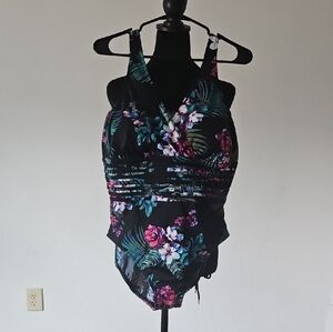 Aqua Green Floral One Piece Swimsuit - Black and Pink